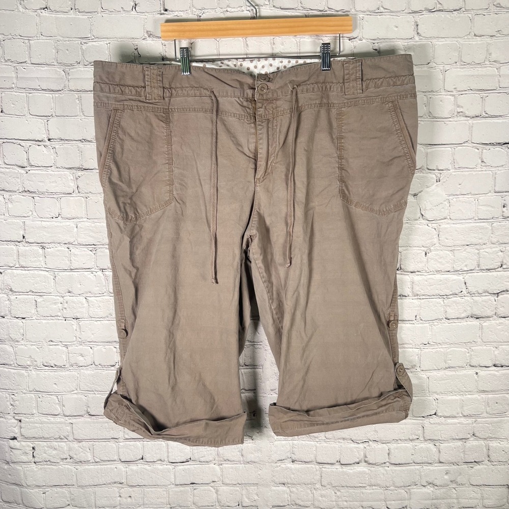 Venezia Womens Plus Size 26 Tan Khaki Cargo Capri Pants Drawstring Roll Tab Hem